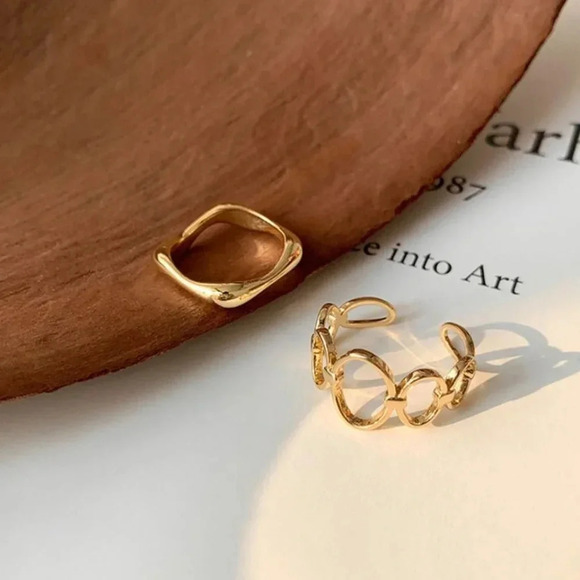 925 Gold Stackable Ring Geometric Oval Link Minimalist Wave Adjustable Ring - Picture 2 of 8